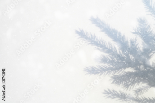 blurred photo of a shadow from a christmas tree branch on a white gray background of a wall or table. falling snow © Ksenia
