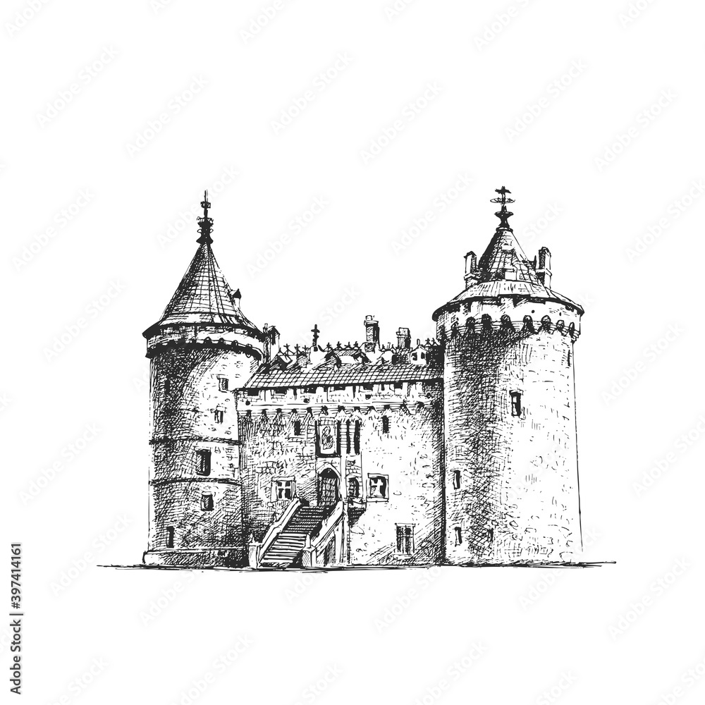 Medieval castle. Vector hand draw sketch. Vector illustration
