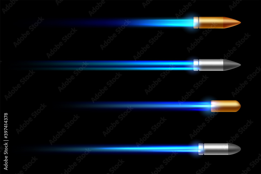 Fototapeta premium Realistic flying bullet with a flamethrower shot isolated on black background