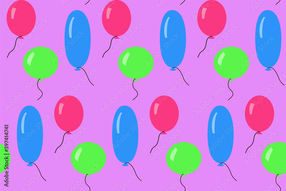 Seamless pattern with colorful balloons on purple board. Green, blue and pink colors. Beautiful print for textile, greeting cards, wrapping paper and design. Celebration spirit. Jpg file
