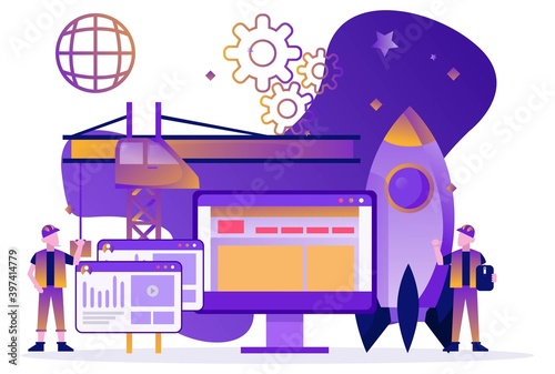 Mobile application development process flat vector illustration. Software API prototyping and testing background. Tiny people illustration. Vector illustration