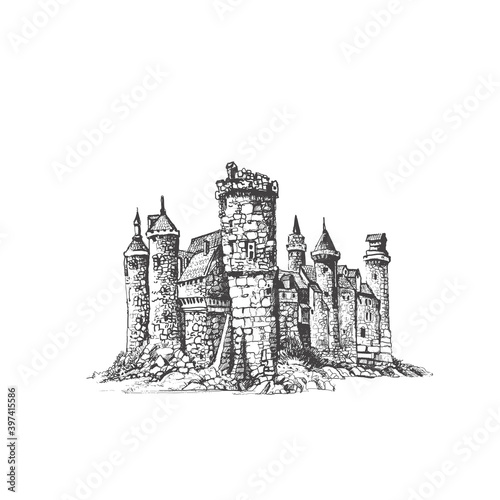 Royal Medieval Castle Sketch Drawing Vector 
