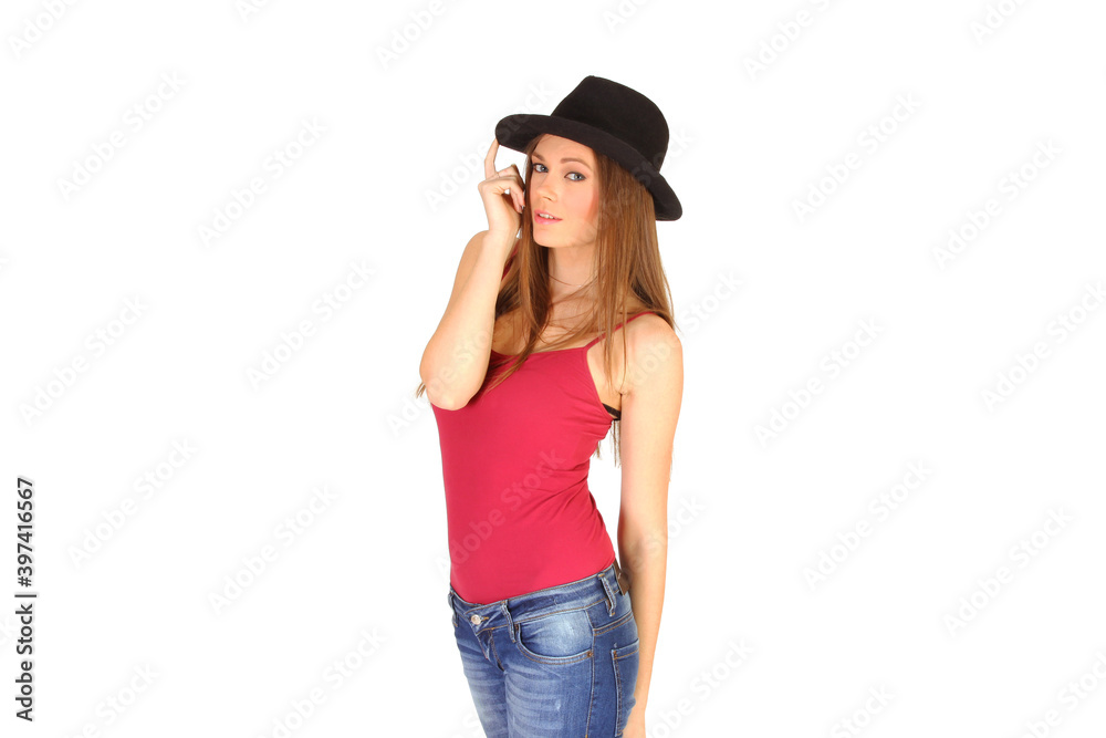 Young woman is holding a cowboy hat isolated white background Young woman is holding a cowboy hat isolated white background