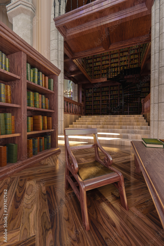 A gothic fantasy library with big table, chairs and bookshelves filled with books. A gothic fantasy library with big table, chairs and bookshelves filled with books.