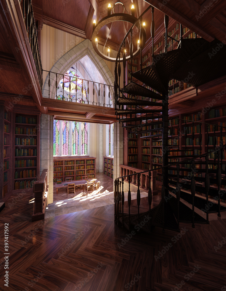 A gothic fantasy library with big table, chairs and bookshelves filled with books.