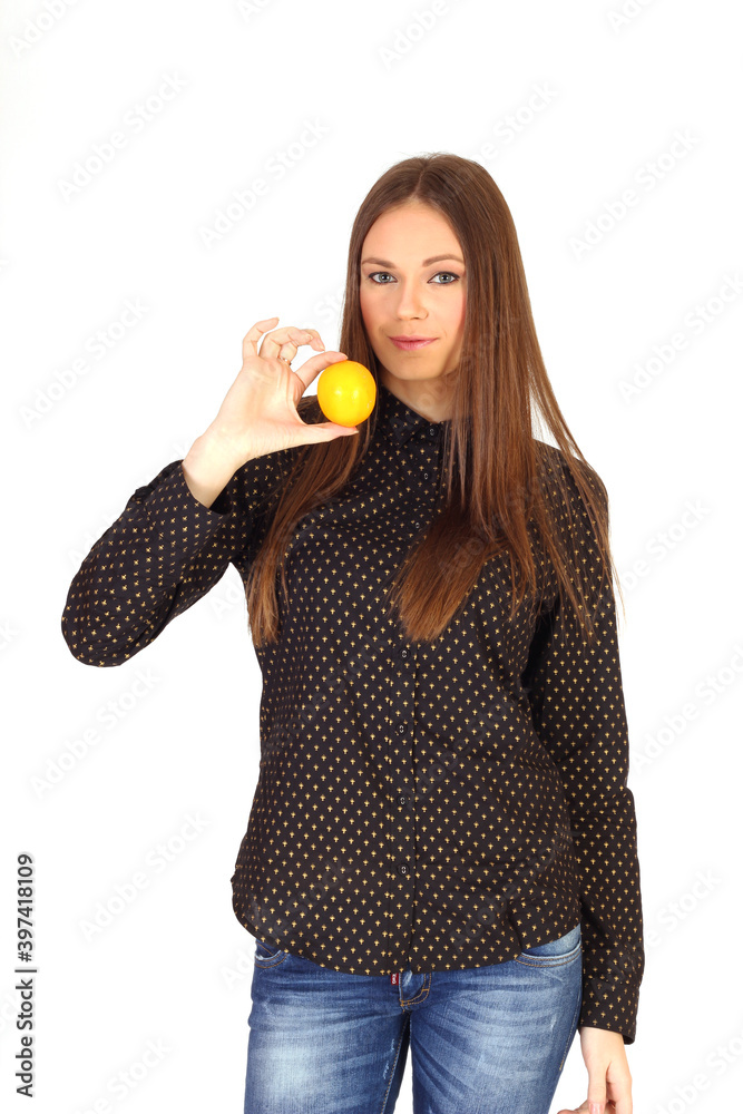 Young woman is holding a lemon isolated white background Young woman is holding a lemon isolated white background