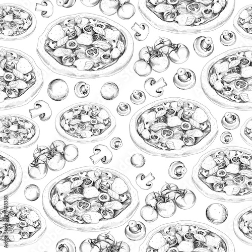 Seamless pattern with the image of pizza and its ingredients. Hand drawing in the Doodle style with a black outline.