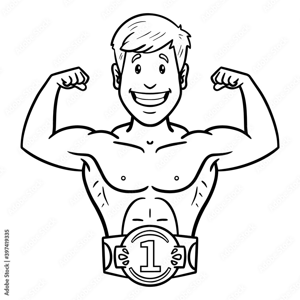 winner shows muscles. winner belt, number one, martial arts. outline, comic, monochrome.