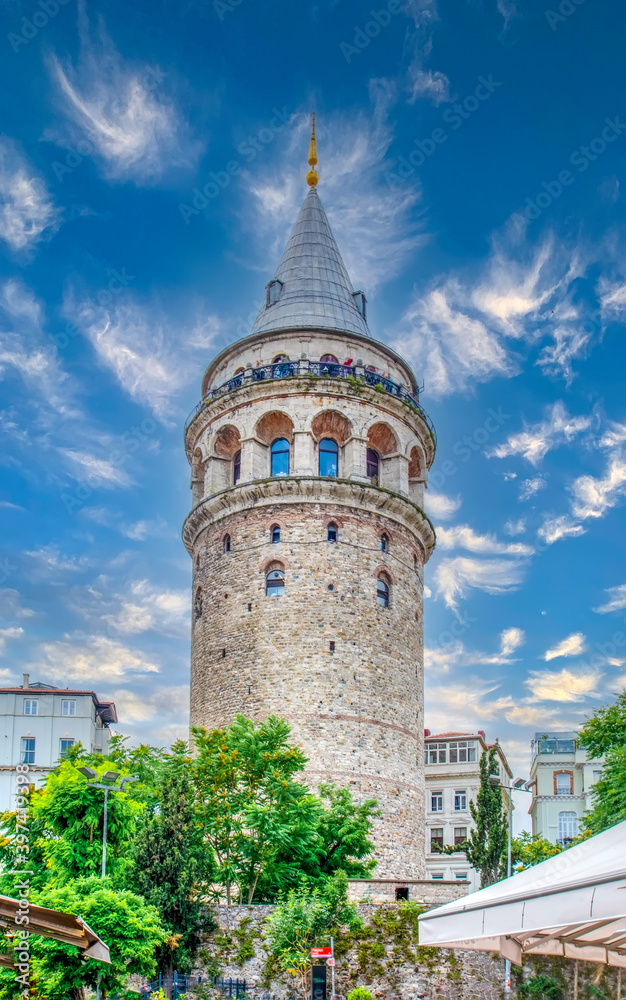 Galata Tower and the street in the Old Town of Istanbul, Turkey