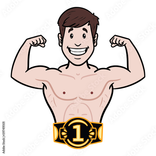 winner shows muscles. winner belt, comic, boxing.