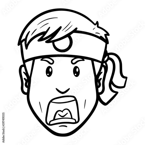 man with karate headband. scream, outline, comic, monochrome, attack.