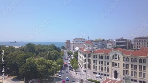 Unique drone shot of YMCA in Thessaloniki with White Tower in the background