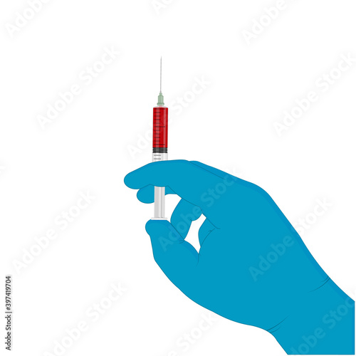 Syringe with blood test in the doctor's hand, color isolated vector illustration in flat style on the theme of Medicine, clipart, banner, logo, icon, Sign