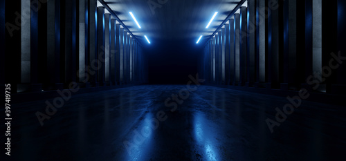 Fototapeta Naklejka Na Ścianę i Meble -  Dark Hallway Columns Parking Concrete Cement Stone Pillars Corridor Hall Tunnel Underground Sci Fi Futuristic  Neon Circle Blue Led Lights Spaceship 3D Rendering