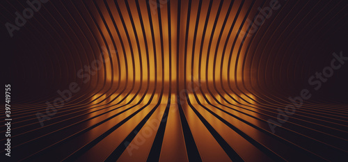 Fototapeta Naklejka Na Ścianę i Meble -  Dark Sci Fi Futuristic Striped Metal Glossy Studio Orange Neon Fluorescent Glowing Hangar Studio Spaceship Stage Product Cyber Background 3D Rendering