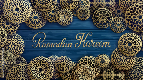 Ramadan Kareem Gold lettering. Islamic round pattern set in arabic style on blue planks background. Vector illustration.