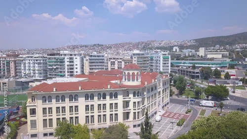 Aerial drone point of interest shot of YMCA in Thessaloniki