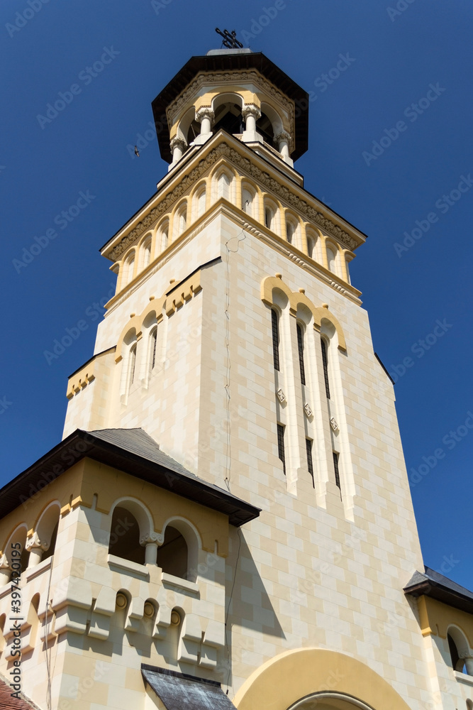 The Coronation Archbishop Cathedral tower. Alba Iulia, Alba Carolina fortress, Romania.