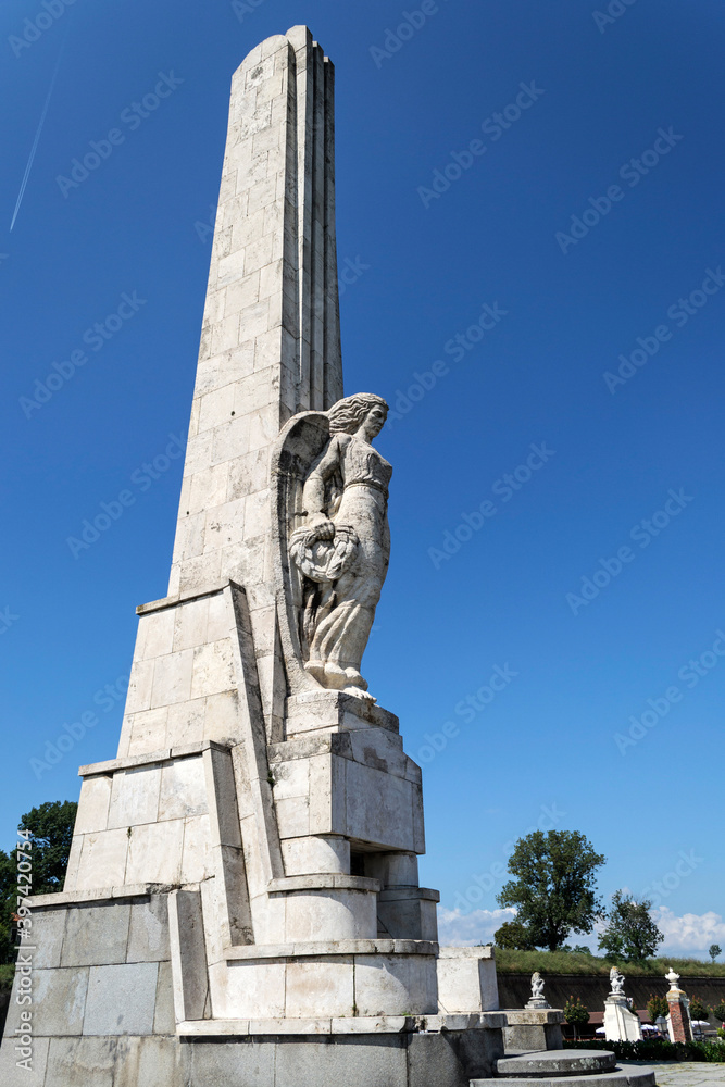 The obelisk of Horea, Closca and Crisan located in front of the third gate of the Alba Carolina fortress. Alba Iulia, Romania.