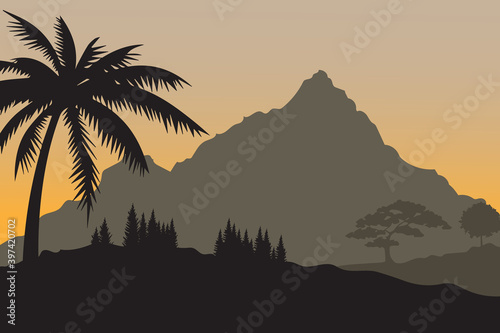 Landscape illustration design template  with views of mountains and trees