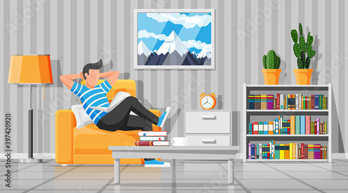 Interior of modern living room. Freelancer on sofa working at home with laptop. Man chilling on armchair. Hipster character in jeans and t-shirt. Lamp, library, plant. Flat vector illustration