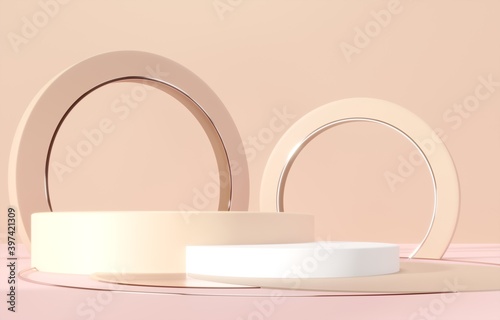 Luxury stone podium, stand, platform. Mockup for promotion presentation. Relaxation therapy, spa cosmetics advertisement. Architectural beige composition of round stone. 3d render illustration.