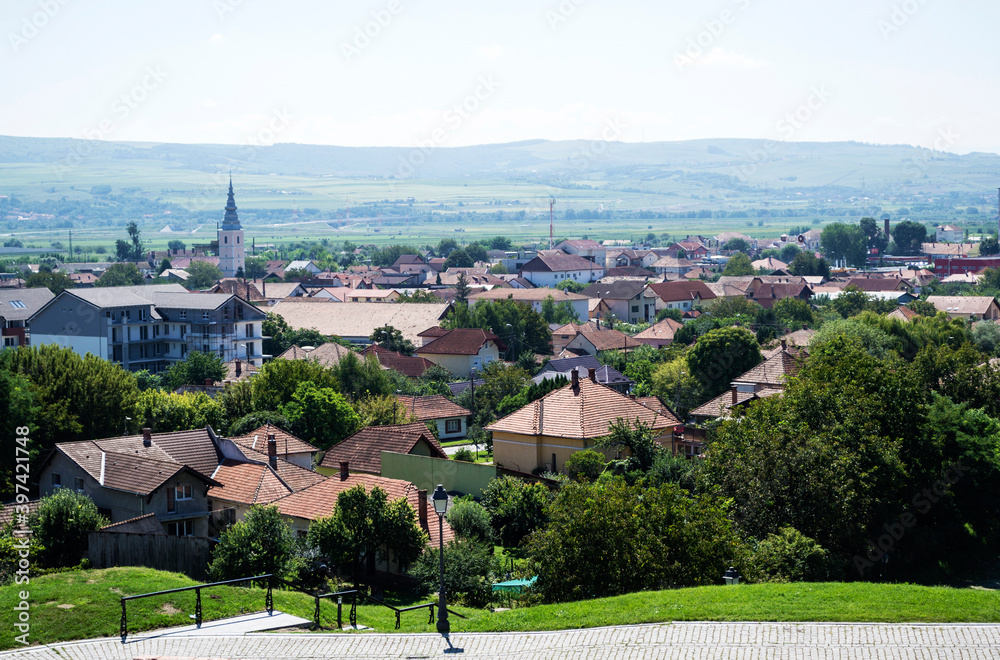 Panoramic view of the Alba Iulia town seen from the fortress of Alba Carolina. Romania.