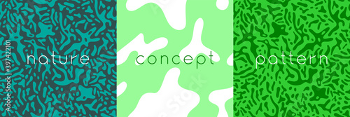 Organic seamless pattern and vegetarian background with liquid shapes. Modern ornament. Green packaging design template. Label tag design, vegan food, natural eco cosmetic, bio concept, nature concept