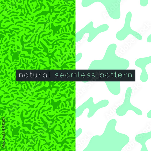 Organic seamless pattern and vegetarian background with liquid shapes. Modern ornament. Green packaging design template. Label tag design, vegan food, natural eco cosmetic, bio concept, nature concept