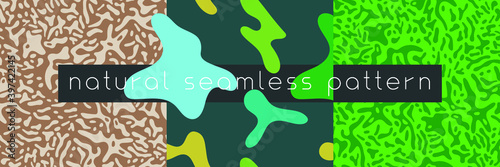 Organic seamless pattern and vegetarian background with liquid shapes. Modern ornament. Green packaging design template. Label tag design, vegan food, natural eco cosmetic, bio concept, nature concept