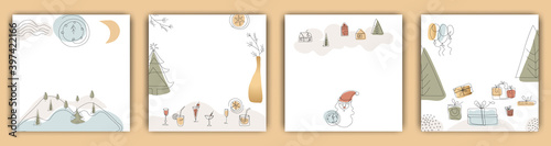 Set of Christmas Instagram Post Templates , New Year and winter, modern minimalist art, trend . Fashion illustrations vector,  One line and color shape art, space for text