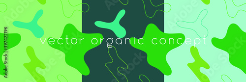 Organic seamless pattern and vegetarian background with liquid shapes. Modern ornament. Green packaging design template. Label tag design, vegan food, natural eco cosmetic, bio concept, nature concept