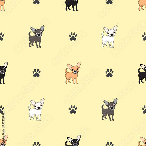 Fototapeta Naklejka Na Ścianę i Meble -  Dog seamless pattern, Chihuahua on yellow background.
