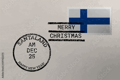 Postage stamp envelope with Finland flag and Christmas and New Year stamps, vector