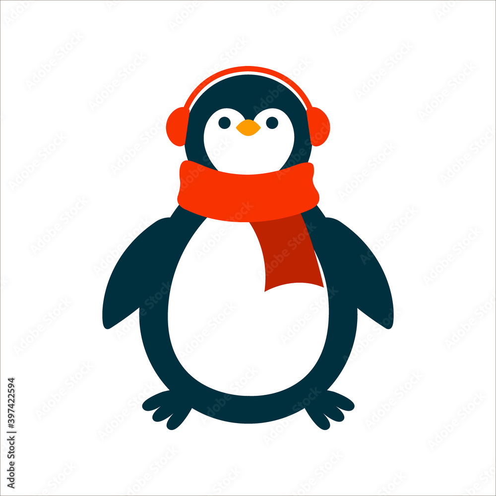 Fototapeta premium Christmas penguin in headphones and a scarf isolated on a white background. 