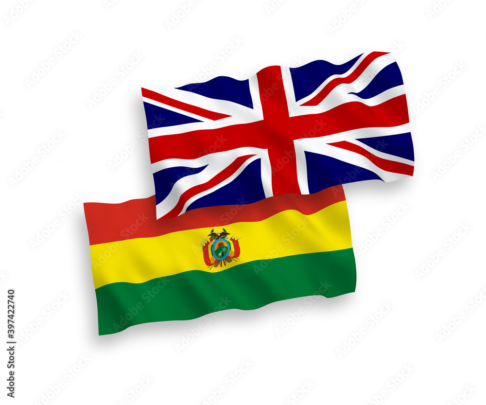 National vector fabric wave flags of Great Britain and Bolivia isolated on white background. 1 to 2 proportion. National vector fabric wave flags of Great Britain and Bolivia isolated on white background. 1 to 2 proportion.