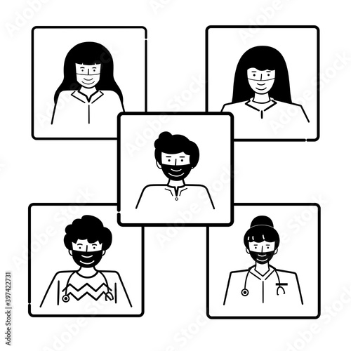 Medical team video call teleconference concept. Global doctors web conference. Remote work during covid-19 pandemic. Online virtual meeting. Vector illustration in flat cartoon drawing line design. 