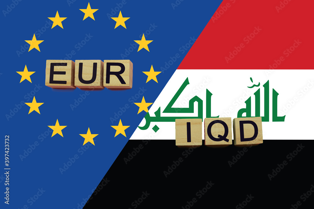 United Europe and Iraq currencies codes on national flags background