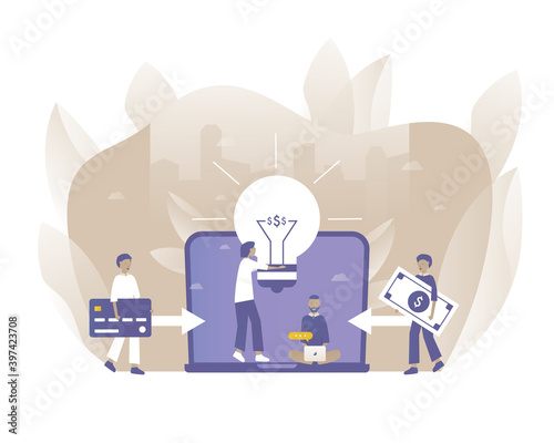 Crowdfunding. People looking for money for new business. Vector illustration with Web communication idea for telework, remote working, social media, business, finance, and start up