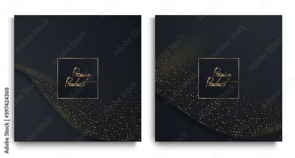 Obraz premium Luxury Premium design. Vector set packaging templates with different texture for covers, luxury products. Collection of design elements with golden foil. Black paper cut background. VIP design