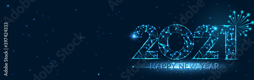 Happy new year 2021 banner design. 2021 Happy new year greeting horizontal poster. Geometric futuristic polygonal 2021 new year greeting card. Vector firecracker background. Low polygon.