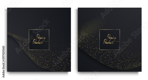 Luxury Premium design. Vector set packaging templates with different texture for covers, luxury products. Collection of design elements with golden foil. Black paper cut background. VIP design
