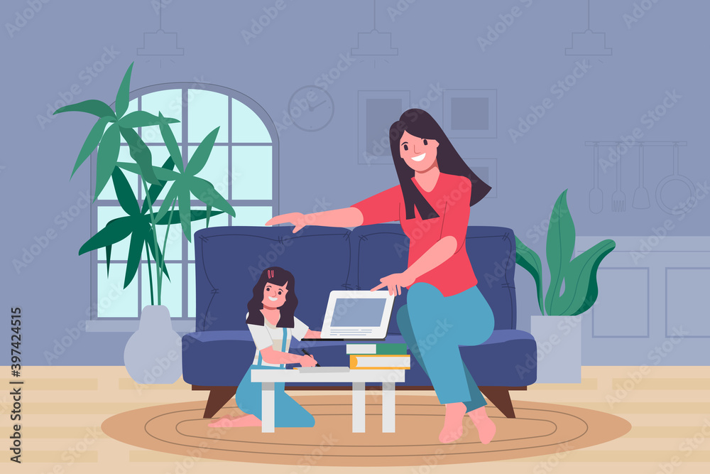 Family Caregivers keeping children learning while at home. Stay at home and work from home together.	
