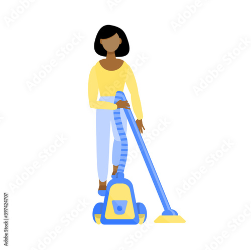 Home activity. Housework. Young African-American girl with a vacuum cleaner. A pretty woman vacuums. House cleaning. Vector illustration in a flat style isolated on a white background.