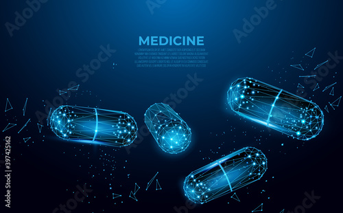 Pills. Abstract polygonal wireframe capsule pills on blue background. Medical, pharmacy, health, vitamin, antibiotic, pharmaceutical, treatment concept illustration or background