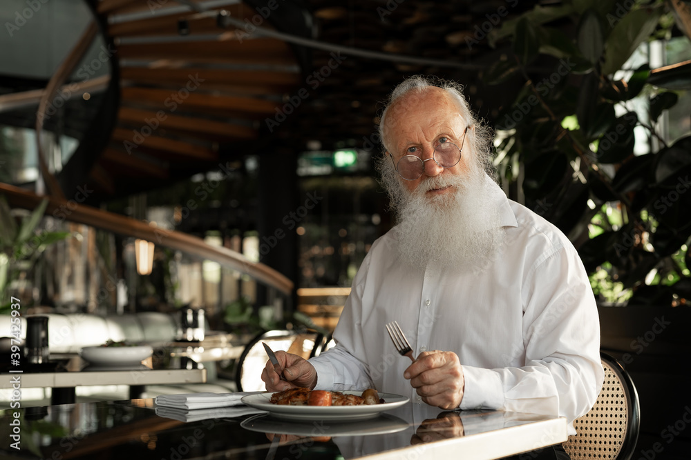 Handsome senior man with a gray beard eating lunch in the restaurant Handsome senior man with a gray beard eating lunch in the restaurant