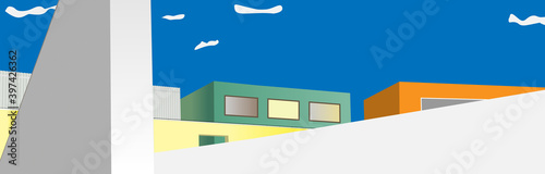 Colorful building. blue sky, web banner, web header, footer, flier, sky, frame, copy space, vector illustration, graphic, background, retro, card size, yellow, blue, green, gray, white, landscape,