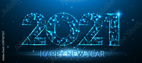Happy new year 2021 banner design. 2021 Happy new year greeting poster. Geometric polygonal 2021 new year greeting card. Vector firecracker background. Low polygon.