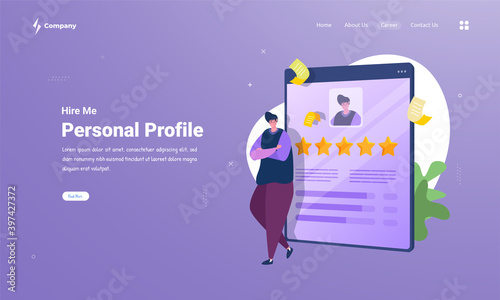 Job seeker with personal profile to find a new job on landing page concept