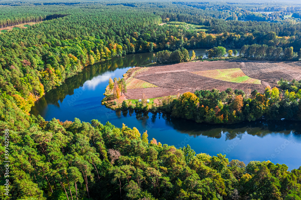 Blue river and colorful autumn forest in Poland, aerial view